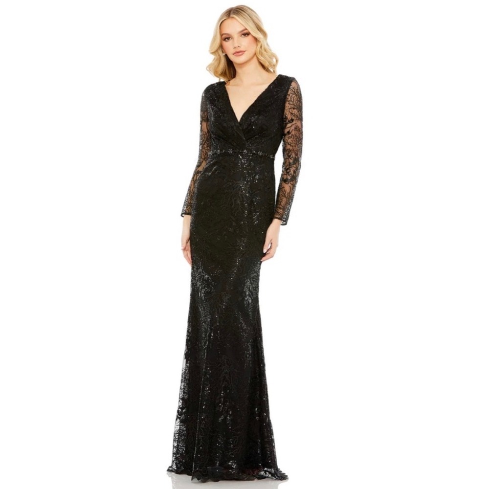 Mac‎ Duggal 68016 Black Embellished Faux Wrap Long Sleeve Gown Size 24 $498